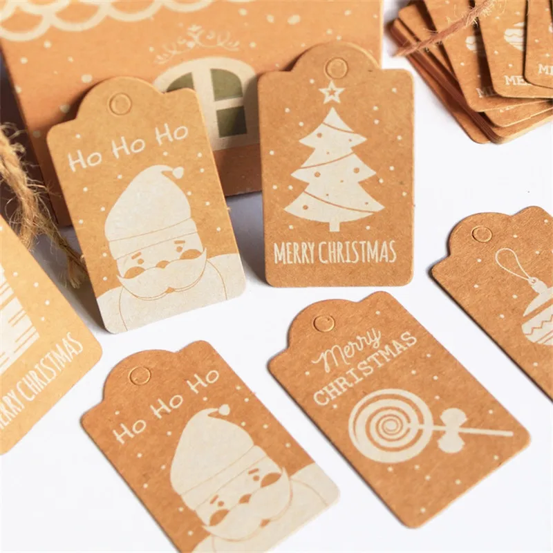 50pcs/lot Christmas Design Kraft Paper Tag Xmas Hang Tag Product Price Label Gift Box Wrapper Garment Tags Xmas Party Supplies