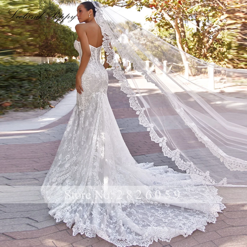 Lceland Poppy Customized Strapless Lace Mermaid Wedding Dresses See Through Beaded Bridal Gowns with