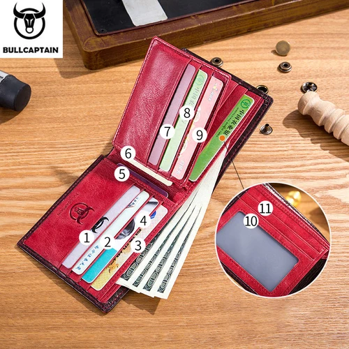 Imagen 2 del producto Cartera BULLCAPTAIN hecha a mano para hombre, tarjetero RFID de cuero genuino con ventana de identificación, bolsa de almacenamiento para dinero masculina de gran capacidad a la moda