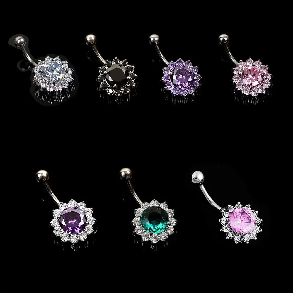 Fashion Chic Beauty Rhinestone Popular Zircon Barbell Crystal Flower Navel Button Piercing Belly Body