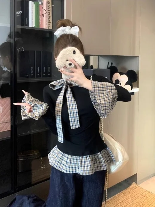 Cseta Fena de Manga Longa com Estampa Xadrez e Detalhes Florais, Estilo Coreano, E para o Dia a Dia