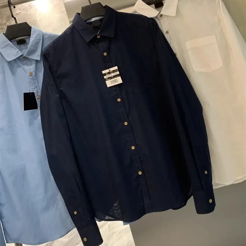 

Men Solid Color Imported Woven Cotton Long Sleeve Shirts Summer Versatile Casual Button Down Shirts S-4XL