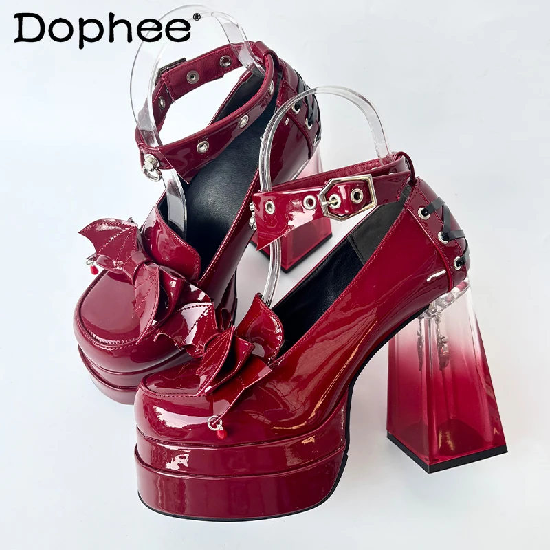 

Original Ladies Red High Heels Women's Elegant Paltform Pump Shoes Round Head Thick Heel Rivets Waterproof Table Leather Shoes