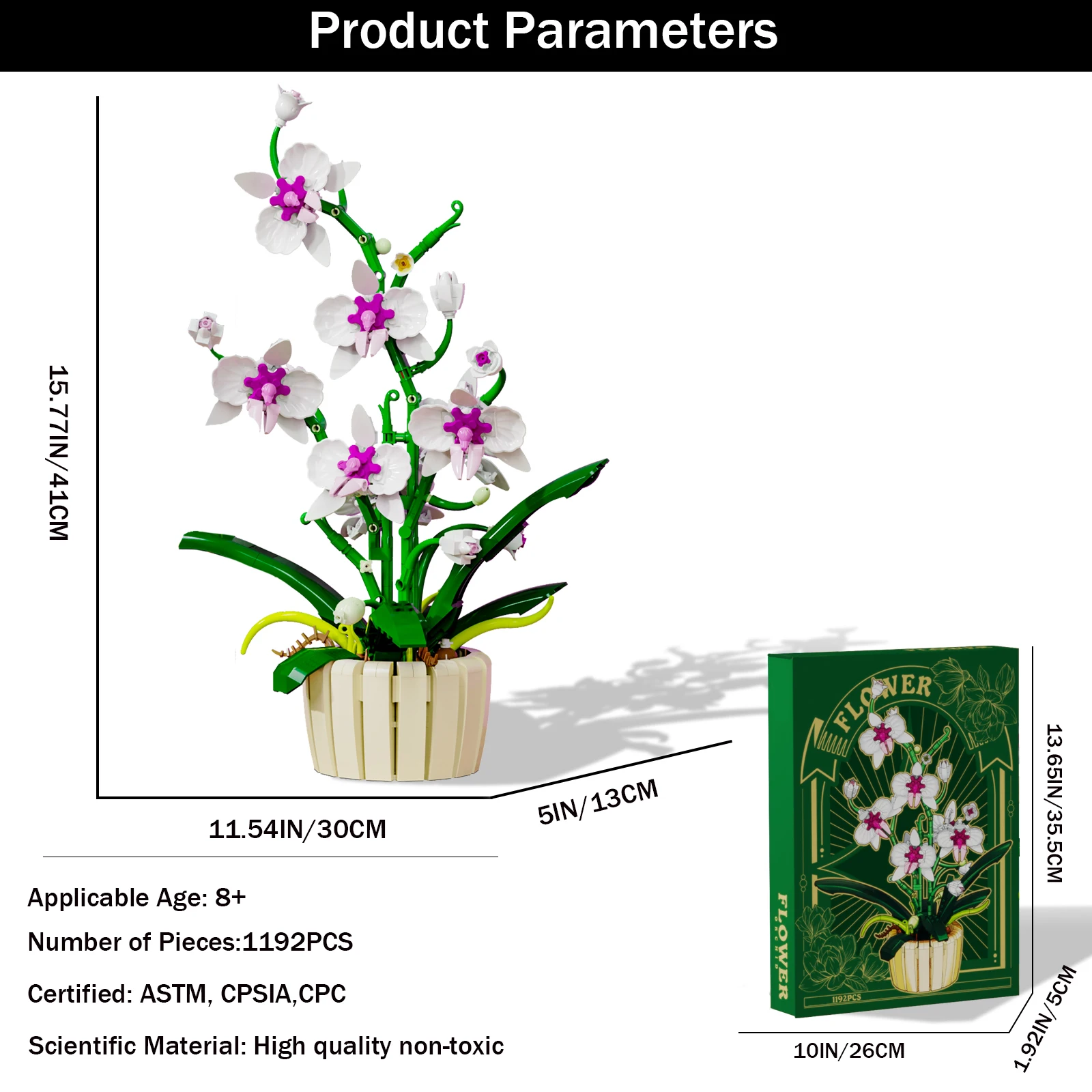 ชุดตัวต่อดอกกล้วยไม้สีขาว-ม่วง— แต่ละชิ้นของตัวต่อรูปดอกไม้จะมีลวดลายสลักอย่างละเอียด เหมาะสำหรับตกแต่งบ้านหรือใช้เป็นของตกแต่ง