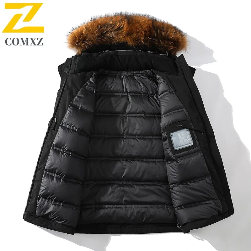 COMXZ Mens Puffer Coat Fur Collar Hooded Outdoor Camping Anti-Cold Parka Casual Street Style Windproof Warm Autumn Winter Coat