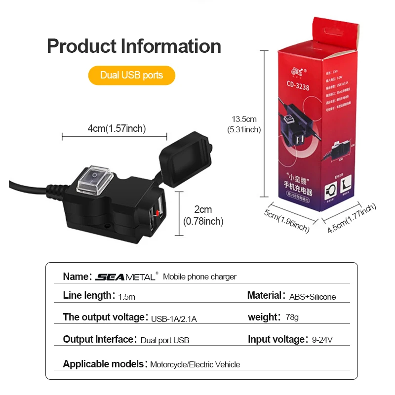 12V-24V Dual USB Port Waterproof Motorcycle Handlebar Charger Adapter Fast Charge Power Supply Socket for iphone samsung huawei