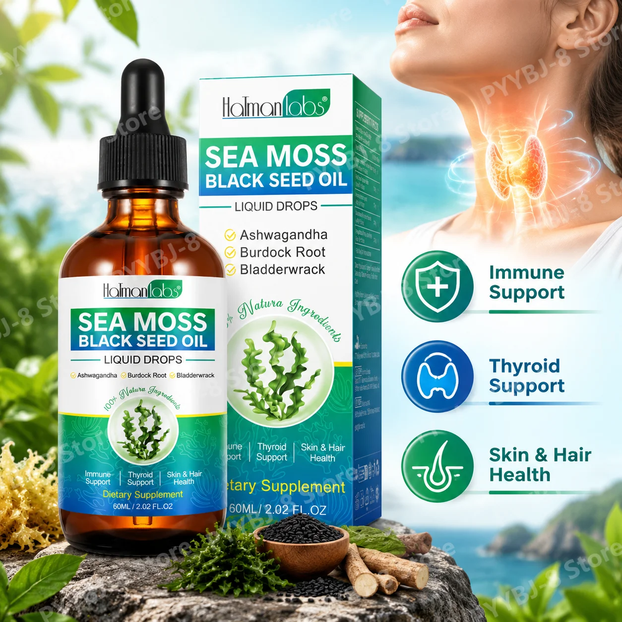 Halmanlabs Sea Moss Black Seed Oil Drops with Irish Moss & Ashwagandha for Immune Support and Thyroid Support - 30 Servings