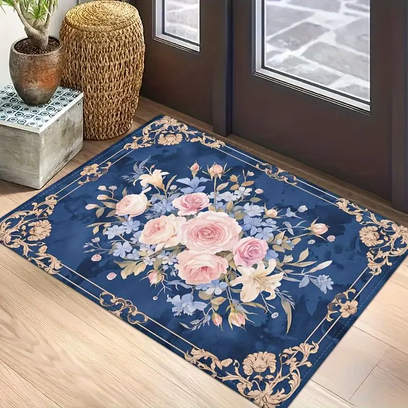 Luxurious Rose Print Welcome Doormat Non-Slip Machine Washable Carpet for Living Room Bedroom Bathroom Kitchen and Laundry Rug