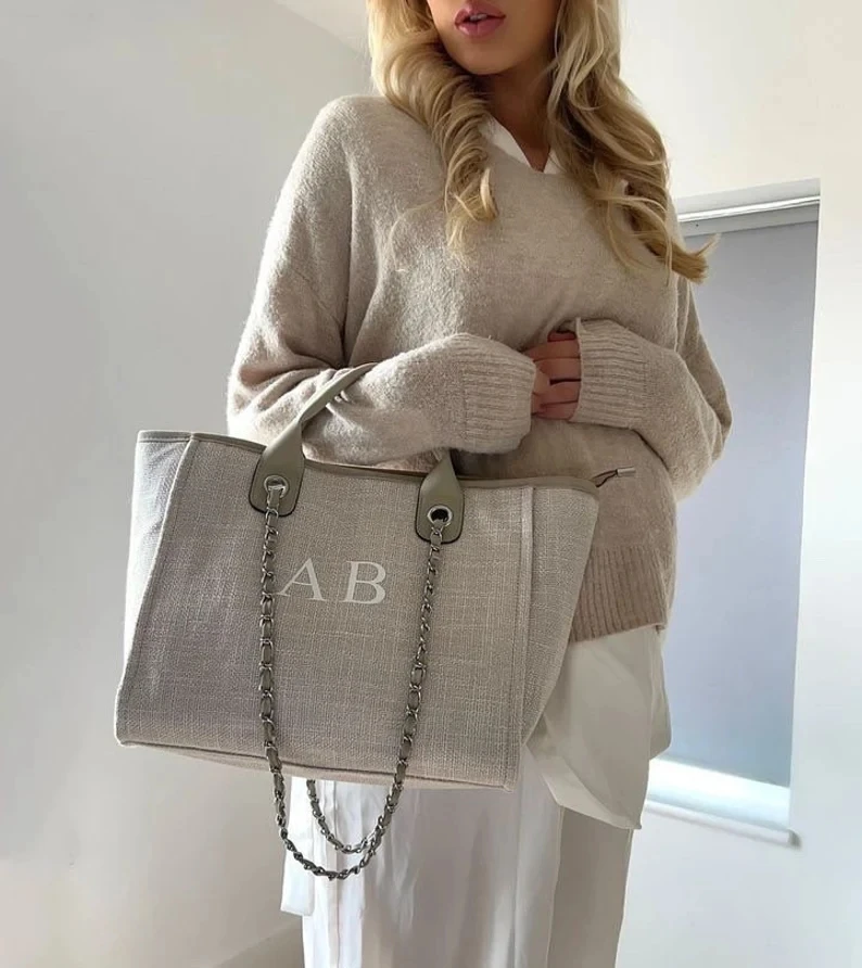 Personalised Light grey/beige Monogram Canvas Tote Bag Initial Beach Handbag Birthday Gift Chain tote bag Xmas Custom Bride Bags