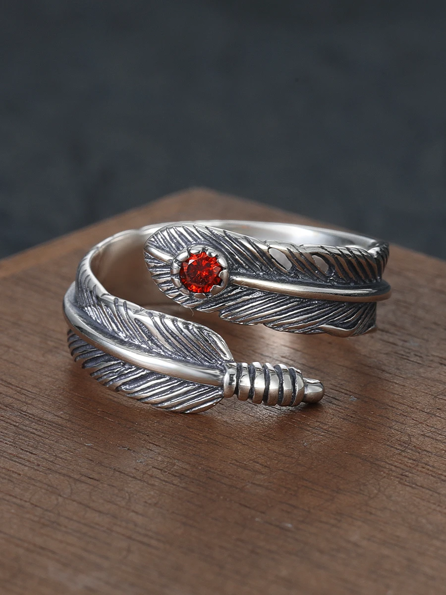 925 sterling silver feather inlaid with ruby indian style grids adjustable opening ring for men and women