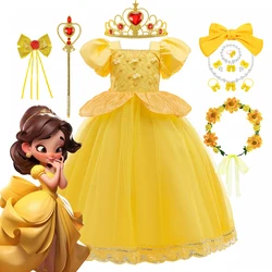 Disney Belle Princess Yellow Mesh Puffy Dress Girls Lace Ball Gown Miove Beauty and The Beast Costume Halloween Clothes