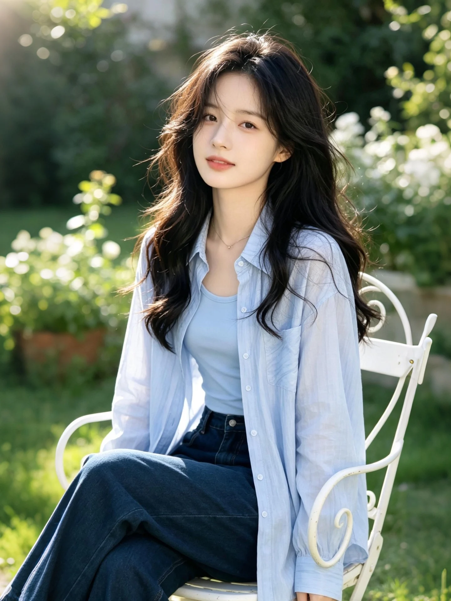 Elegant Summer New Style Light Blue Loose  Collar Shirt Thin Fabric Korean Style Commute Fashion Girls' Daily Wear