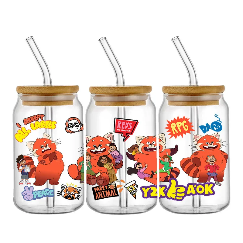 Autocollants de transfert de gobelet à bière, Disney Turning Red, 16oz UV DTF Cup Round, Cartoon étiez bey, Imperméable, Adhésif en continu