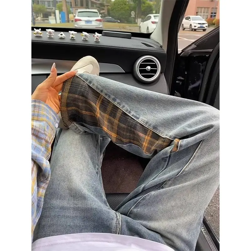 

Trendy hip-hop men and women trendy personality checkered splicing straight leg jeans for couples loose retro casual pants y2k