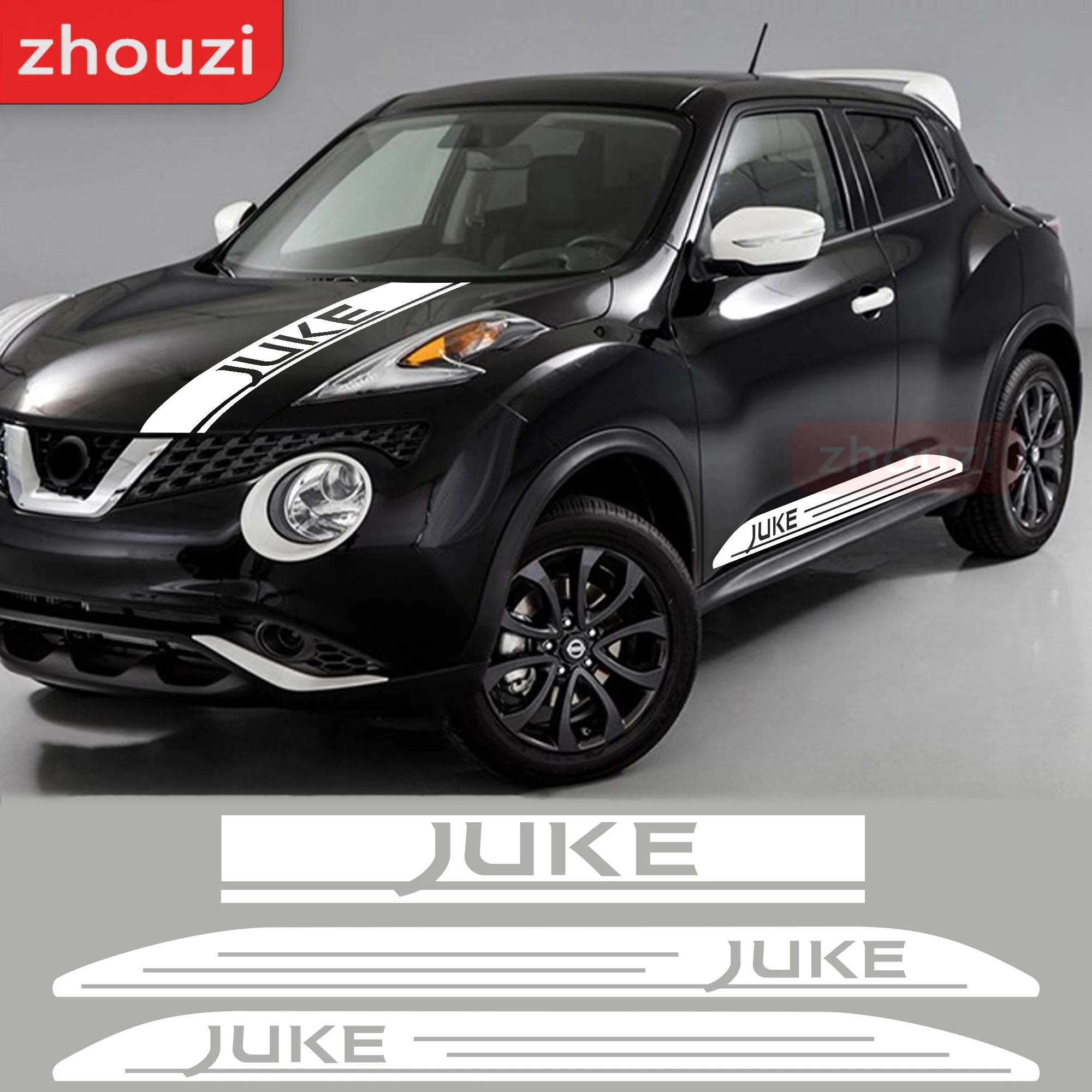 3PCS For Nissan Juke Lot Racing Styling Car Body Engine Cover Sticker Auto Door Side Skirt Vinyl Decal Hood Bonnet Sport Stripes