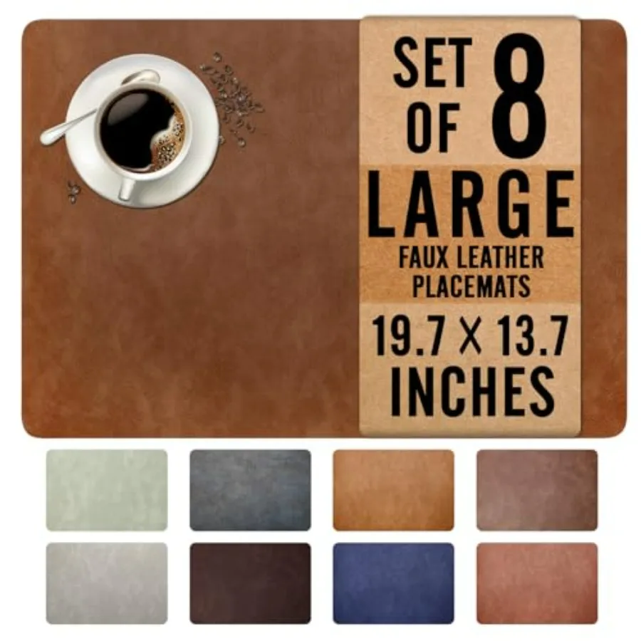 

UnivoColors Washed Cowhide Pattern Faux Leather Big Size Placemats Set of 8 Waterproof Easy to Clean Anti-Slip PU Table Mats fo