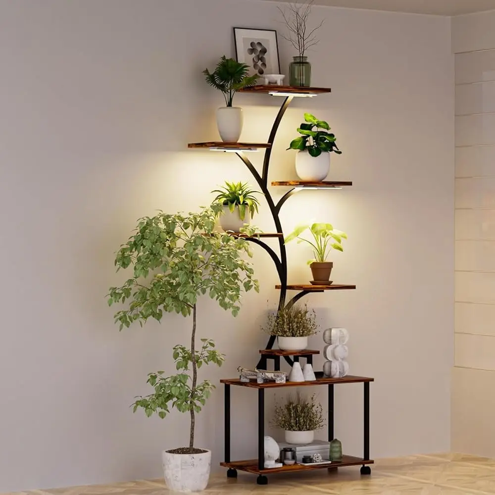

Plant Stand Indoor With Grow Lights, 63"" Tall Plant Shelf, 8 Tiered Metal Plant Stand For Indoor Growing, Lighted Corner Plant