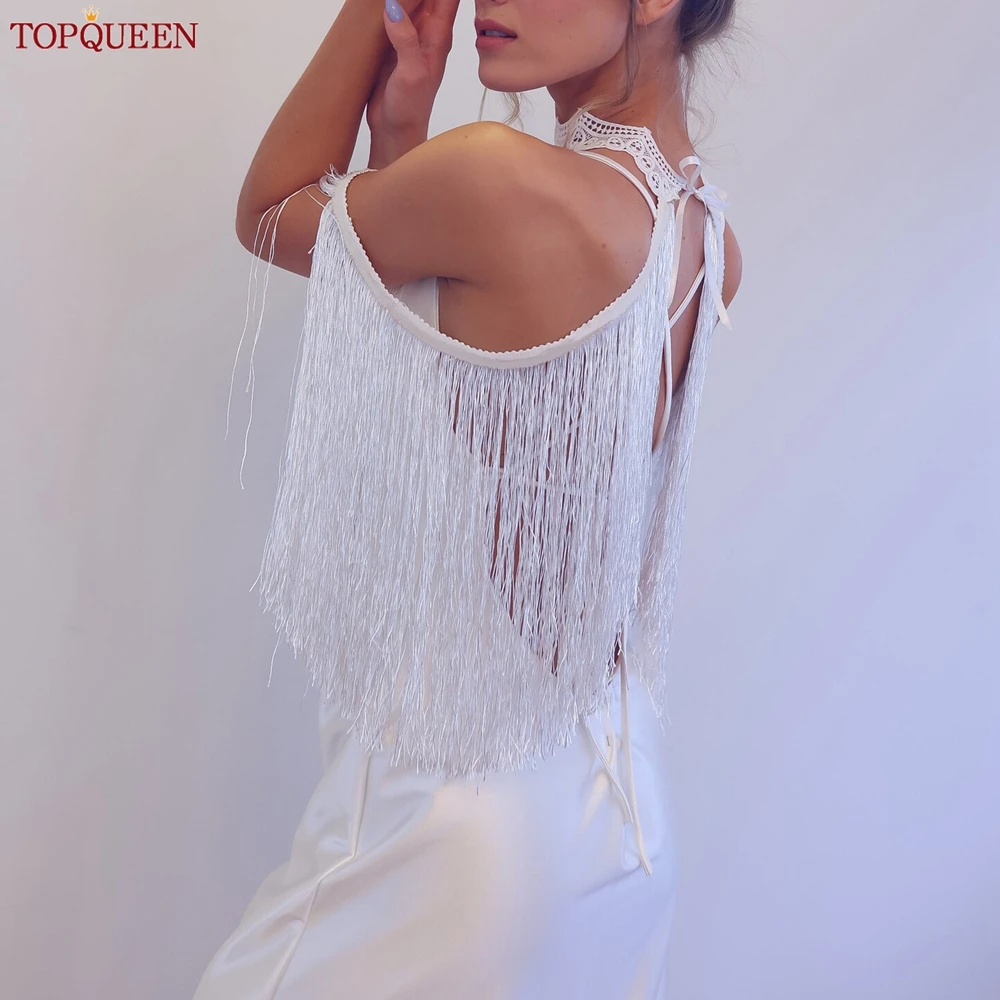 TOPQUEEN Lace Tassel Wedding Shoulder Sleeve Strapless Wrap Jacket Bohemian Shawl Women\'s Party Dress Coverup Bridal Cape SG53