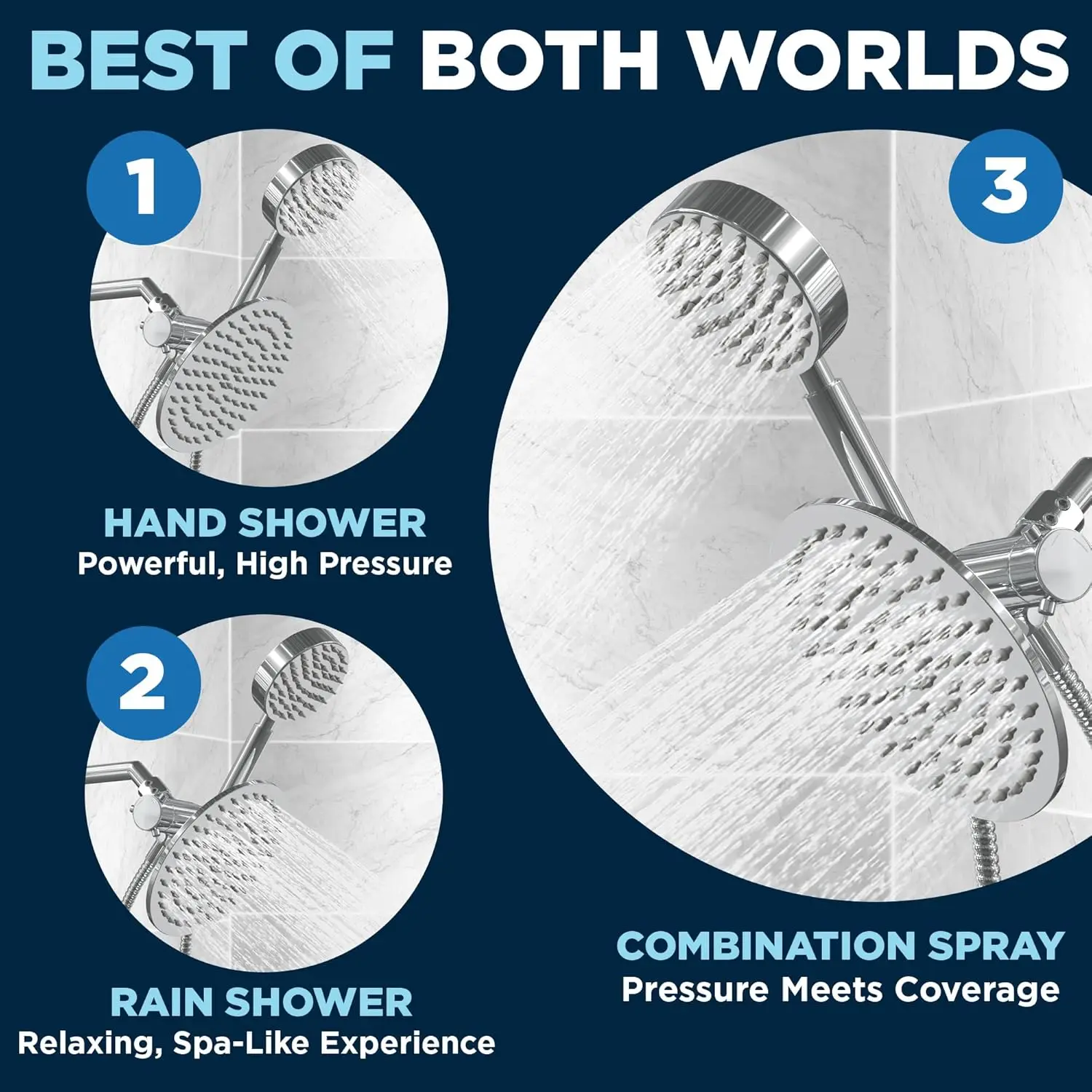 HammerHead Showers® ALL METAL Dual Shower Head Combo CHROME 8 Inch Rainfall High Flow Handheld High Pressure with Hose 6ft