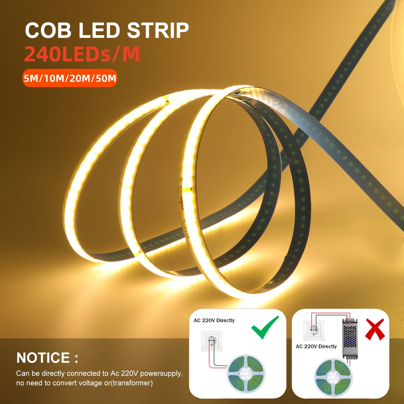 Flexível COB LED Strip Lights com IC Chip, Fita Adesiva, Iluminação Linear, Cortável, AC 220V, 230V, 240LEDs por m, 5m, 10m, 20m, 50m