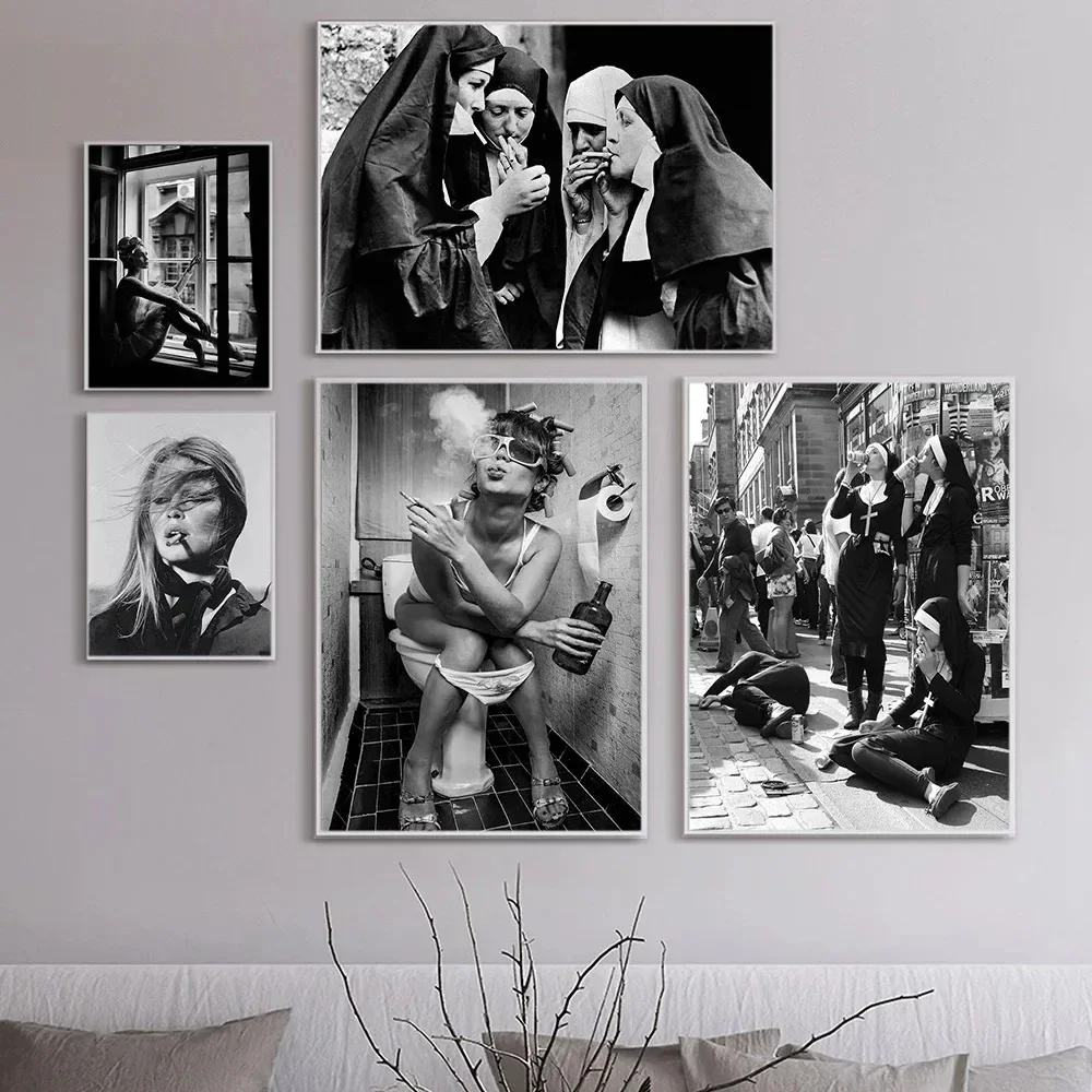 Nuns Retro 1950s Grey Art Women Minimalist Wall Art Print Canvas  Posters for Living Room Modern Home Decor