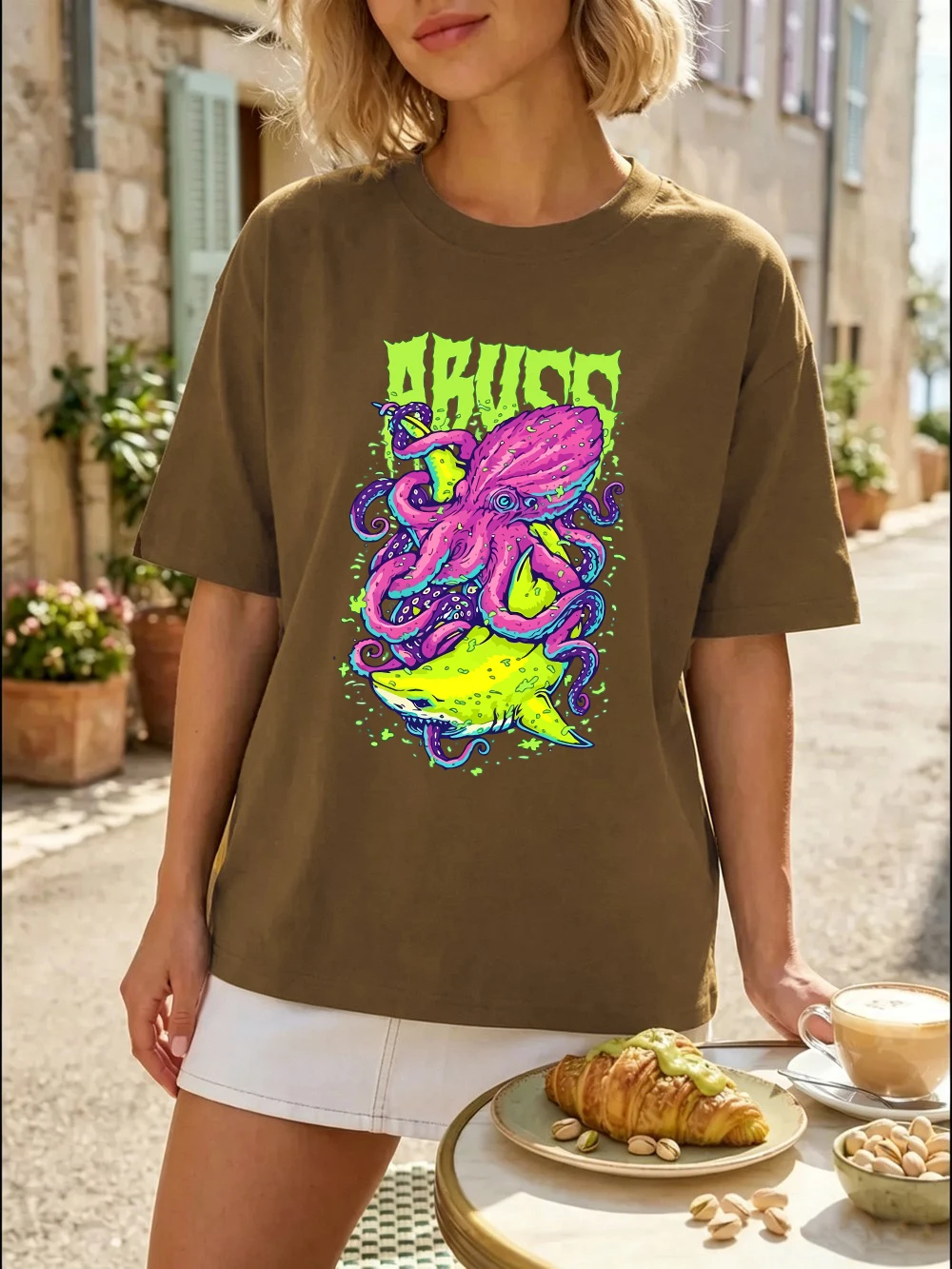Abuzz Lila Tintenfisch Bedruckte T-Shirts Baumwolle Damen Sommer Kurzarm T-Shirts Weiche Basic Oversized Tops Lässige O-Neck Kleidung – Detail 30