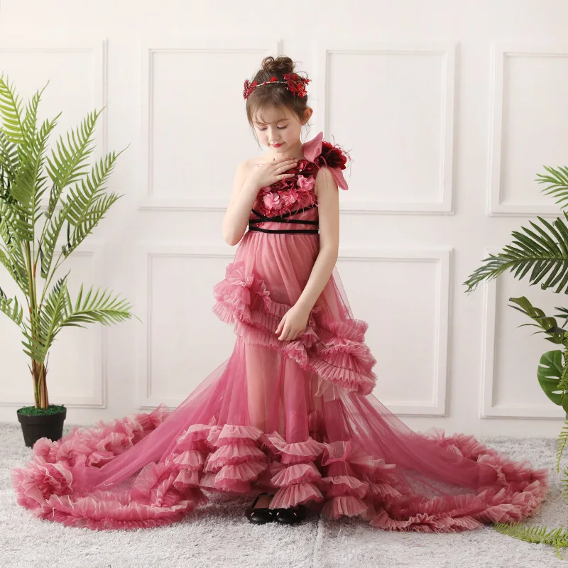 2022 Gold First Communion ชุดเด็ก Evening Applique โบว์ยาวสาวสวมใส่ลูกไม้ Tulle ดอกไม้ชุด