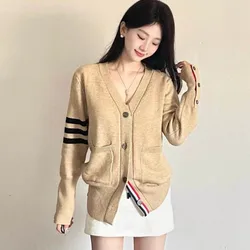 Office Lady Vintage Contrast Style French Fashion Knitted Cardigan Women Winter New Striped V-neck Preppy Style Knitwear Tops