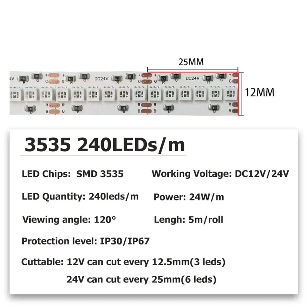 5m DC12V 24V RGB Led Strip SMD 3535 5mm/8mm/12mm High Density 120/168/240leds Color Changeable Flexible RGB LED Tape IP30 IP67