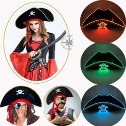 Cosplay Costume Accessories Skull Pattern Black Pirate Hat For Halloween Pirate Theme  Glowing Headgear Tricorn Hat