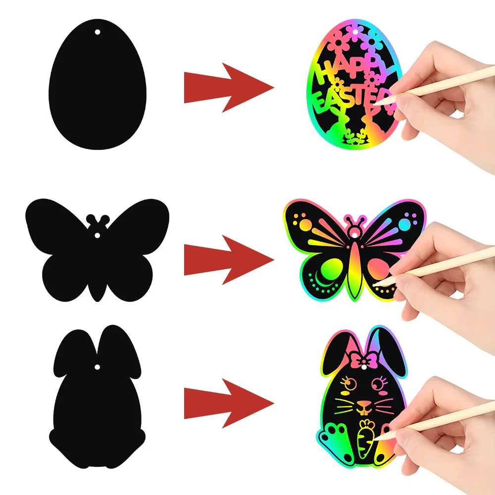 24pcs/set Easter Decoration Scratch Card Holiday DIY Color Scratch Painting Gift Label Easter Party Decorations Pendants
