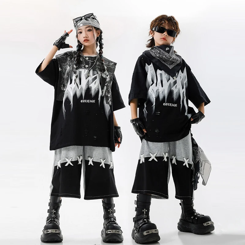 

New Girls Hip Hop Cool Loose Cargo Shorts Boys Street Dance Black T-shirt Kids Streetwear Teens Costumes Jazz Clothes Set XH2900