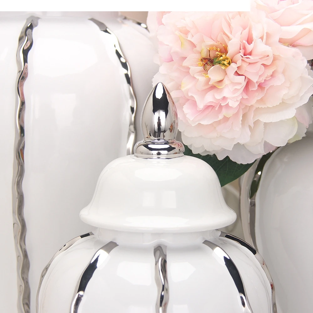 Cerámica General rayas plateadas con porcelana de grano elevado, maceta de jengibre, florero, decoraciones artesanales y para el hogar