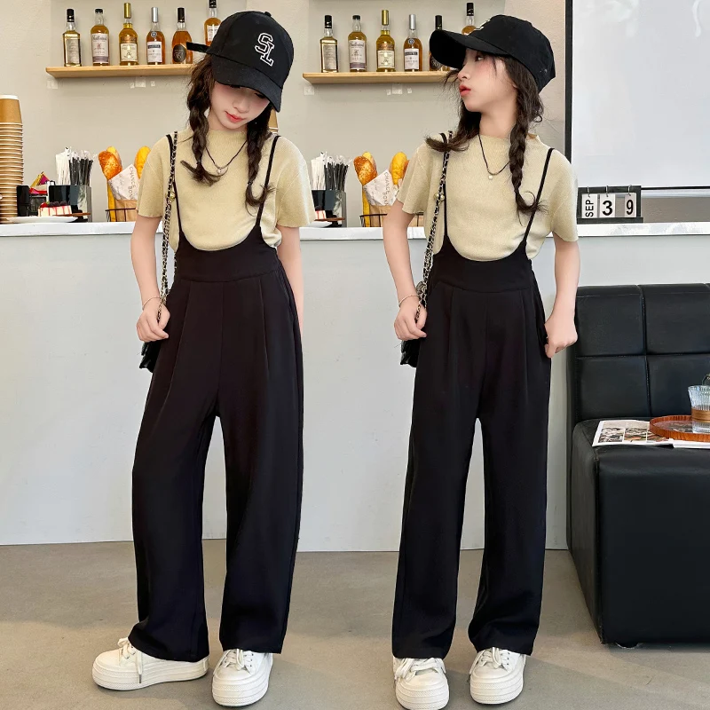 

summer junior girls clothes set Ice Silk Top+Wide leg suspender pants 2pcs teen kid suit children outfit Youth Jumpsuit clothing