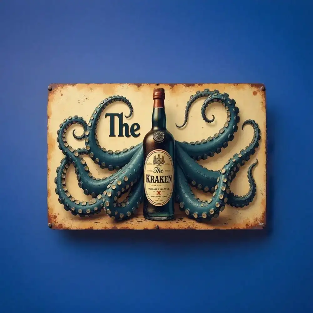 Letrero de metal 3D Vintage The Kraken Rum, arte de pared de pulpo gótico, pieza de declaración de decoración de barra de cueva de hombre paraicionados de ron
