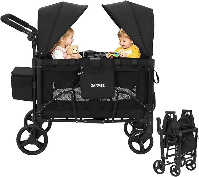 2-Seater All-Terrain Foldable Kids Wagon – Push & Pull Stroller with 360° Wheels, Adjustable Sun Canopy,600D Oxford Fabric 5-Point Harness, Snack Tray
