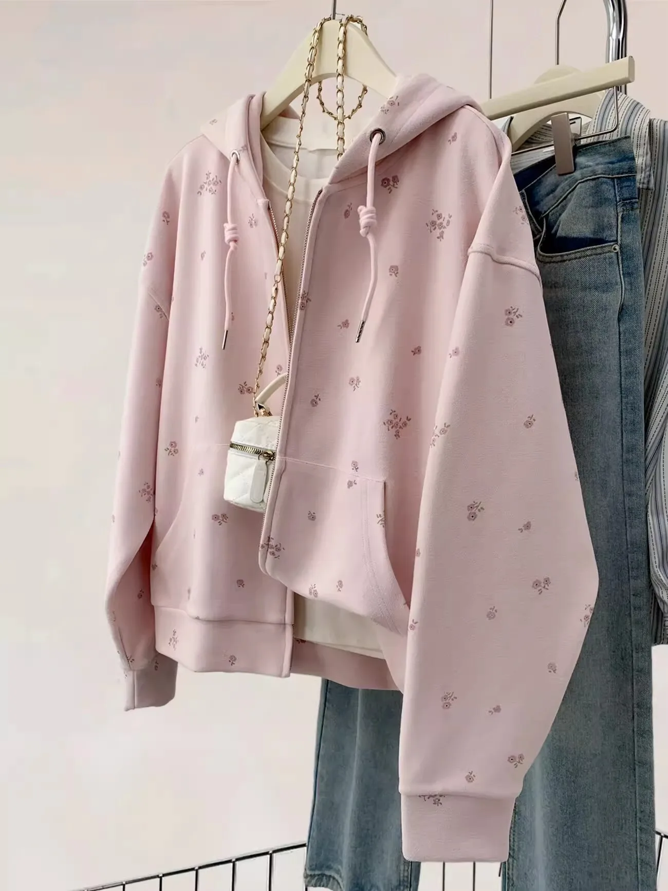 

Pink Floral Print Hooded Open Cardigan Sweatirt Women's Spring Autumn Loose Fit Comfortable Sle Outerwear Top