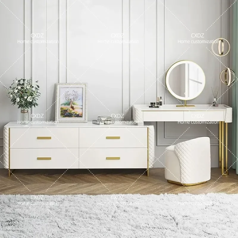 Modern Metal Dresser TV Cabinet Integrated Combo Light Luxury Simple Retractable Vanity Table with Stool Economical Complete