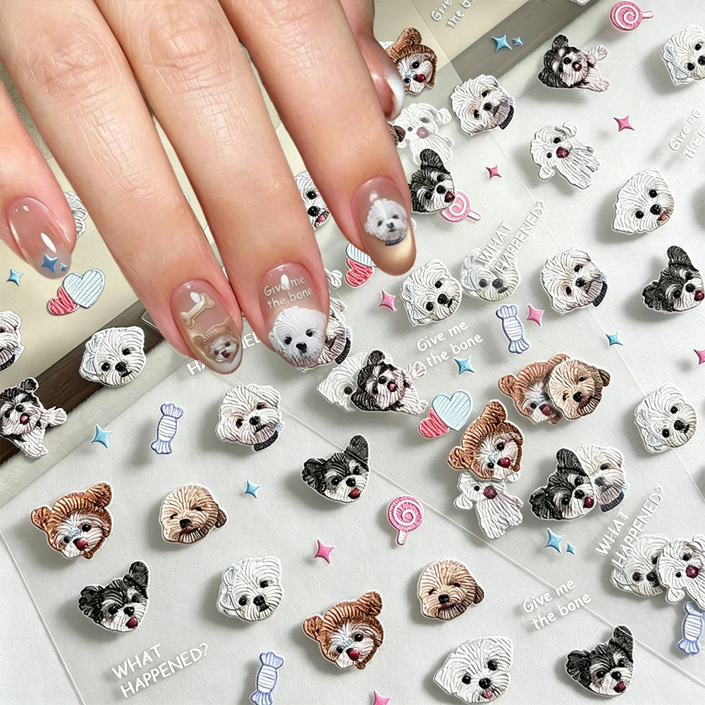 Pegatinas 5D Blancas Hikuma para Uñas de Perro, Calcomanías de Uñas con Relieve de Cachorro Maltés Lindo, Dibujos Animados para Niños, Estrella, Piruleta, Kawaii, Slider de Manicura