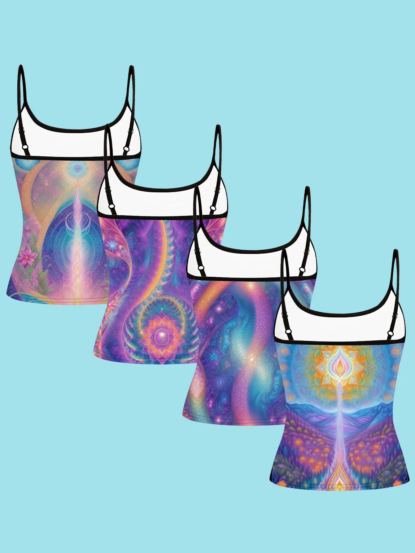 4-Pack Women's Spiritual Mandala Chakra Print Camisole with Energy Symmetrical Pattern Starry Sky Slim-Fit Spaghetti Strap Inner Top