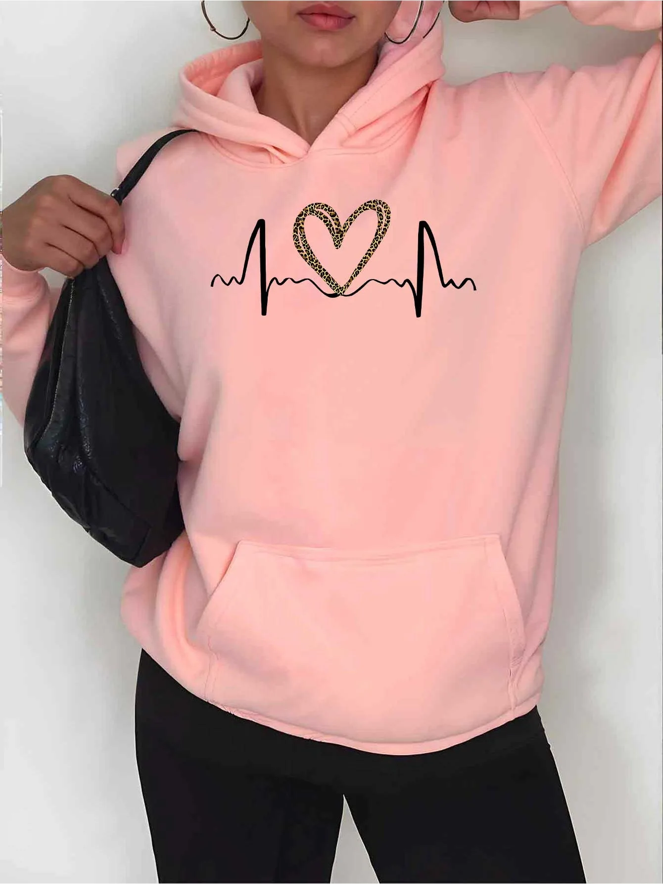 2025 Autumn and Winter Women's Comfortable Hoodie Heartbeat Pattern Printed Casual Gray Pullover Soft and Comfortable CasualWear