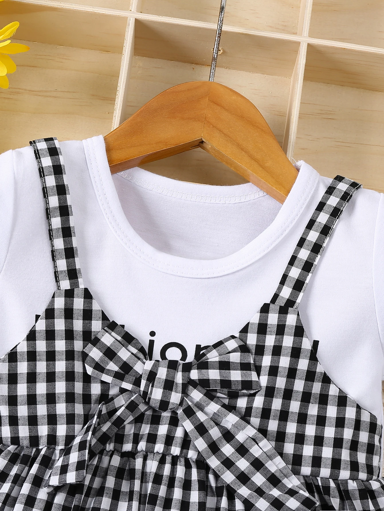 فستان كاجوال للفتيات الصغيرات مطبوع عليه حروف محبوكة بأكمام قصيرة مرقع منقوش مزيف مكون من قطعتين مزين بفيونكة فستان صيفي #3