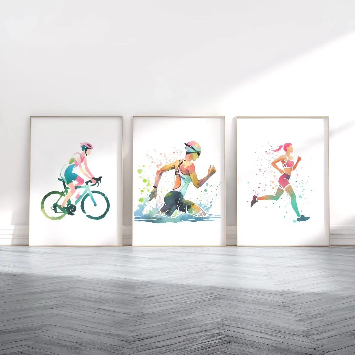 AZNM Women's Triathlon Art Poster Set Cycling, Swimming, and Running Frameless Canvas Prints for Home, Bedroom, or Gym Decor