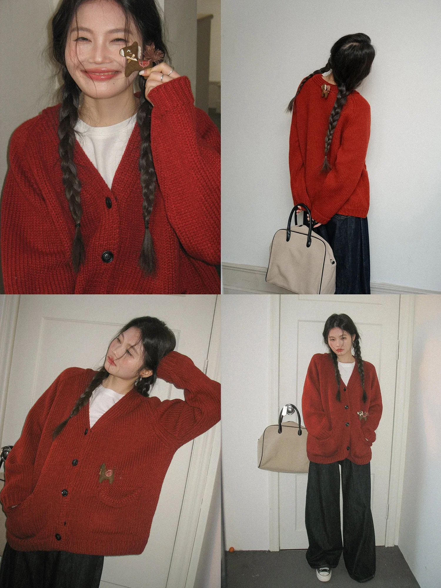 

Red Knitted Loose Sweater Cardigan Women's Spring 2026 New Sle Korean Loose Lazy Sle Knitted Top for New Year