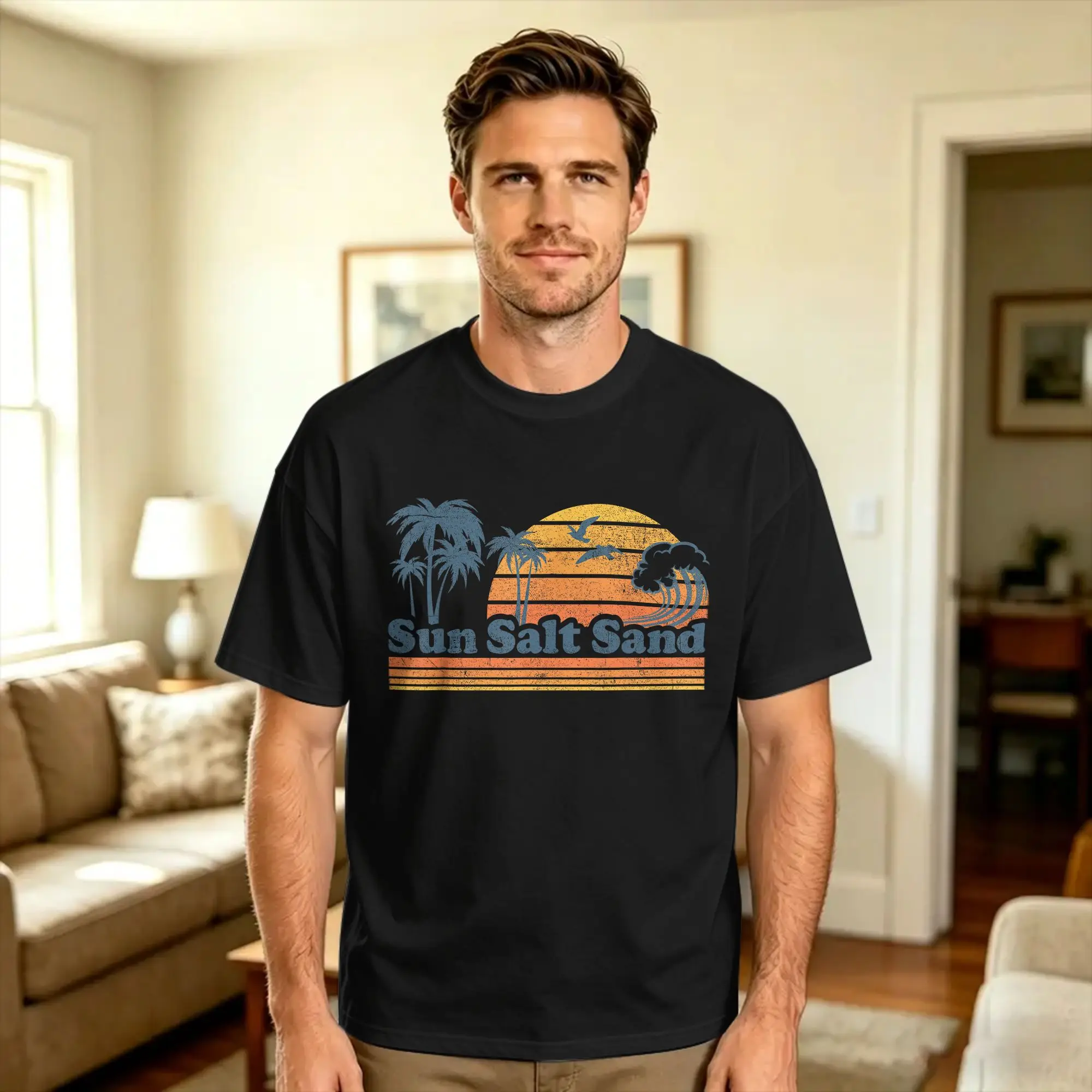 Men's Funny Sun Salt Sand Vacation Beach Vintage 70s Retro Cute T-Shirts  100% Cotton Top Tees Summer Y2K Short Sleeve T Shirt