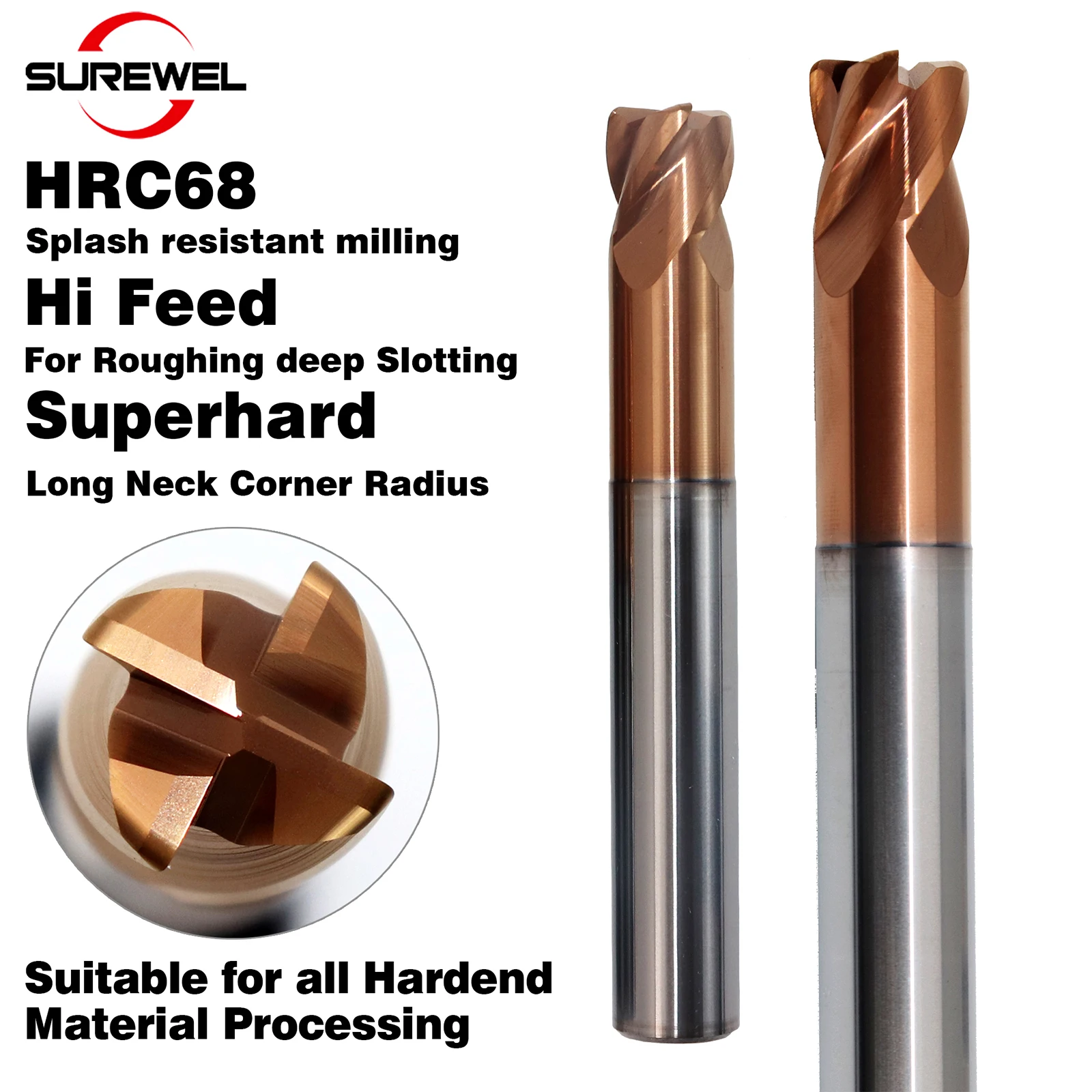 

SUREWEL bull nose end mill Hi Feed,for roughing and deep slotting HRC68 Solid carbide R0.5 R1 R2 4 flute radius Milling Cutter