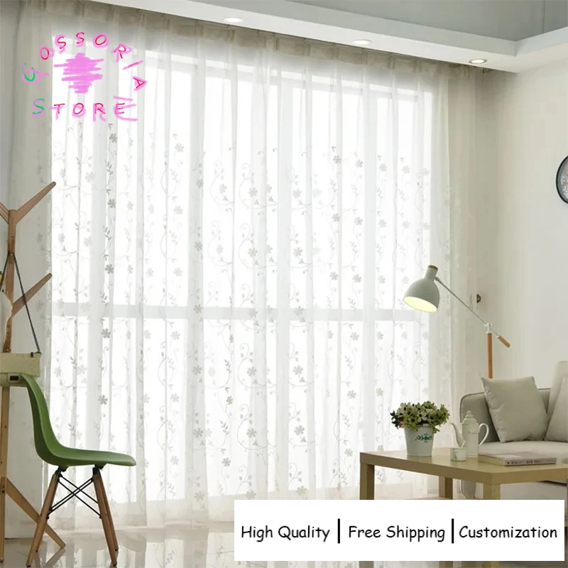 

Sample Custom Embroidered White Floral Tulle Curtains for Living Room Bedroom Kitchen Sheer Window Drapes Blinds Light Filtering