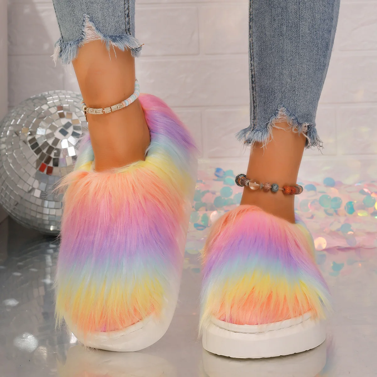 

Rainbow Plush Cotton Shoes Designer Women's Snow Boots Warm Cotton Shoes Winter New Plush Comfortable Walking Zapatos Mujer