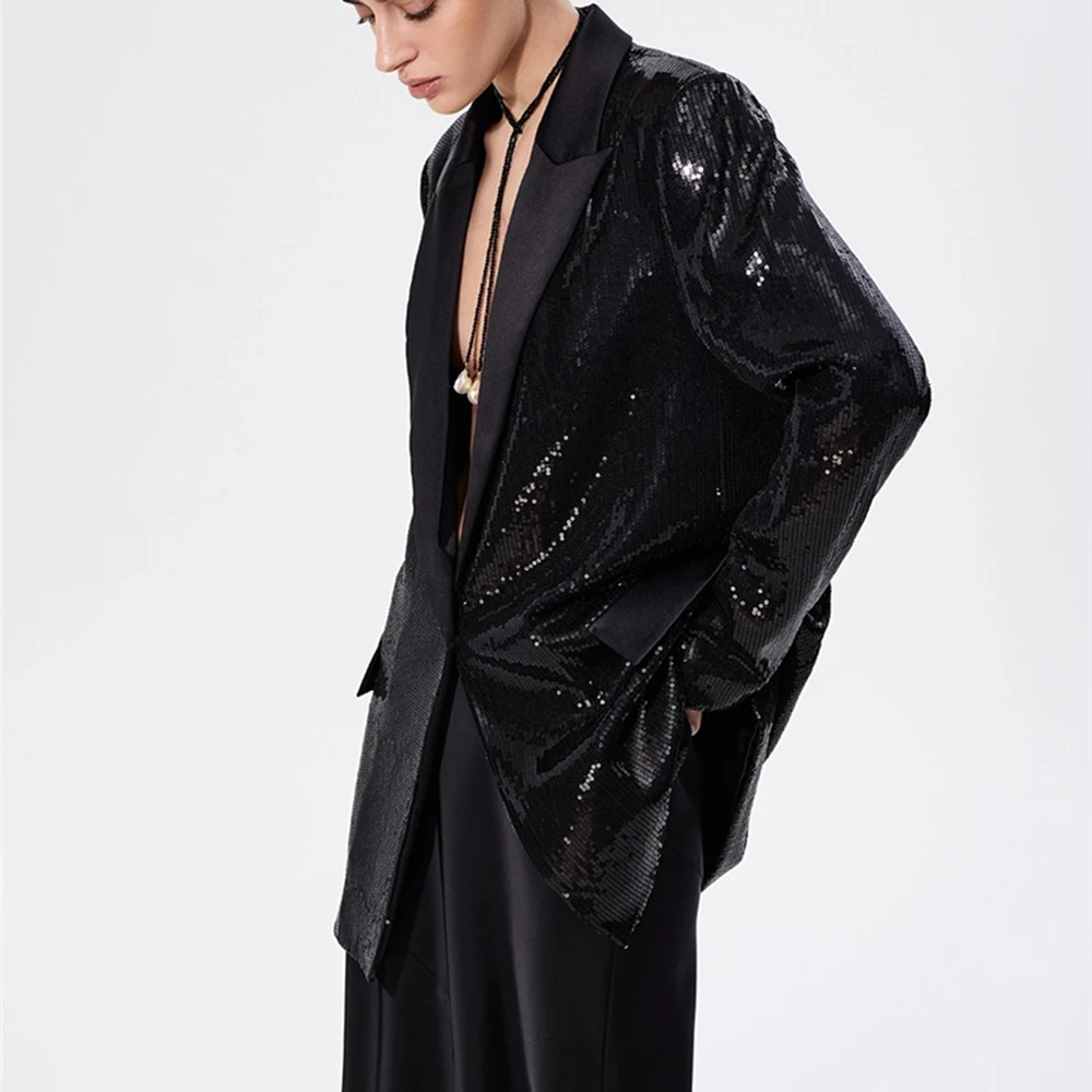 TWOTWINSTYLE Solid Spliced Button Blazers For Women Notched Collar Long Sleeve Patchwork Sequins Chic Blazer Female Fashion New