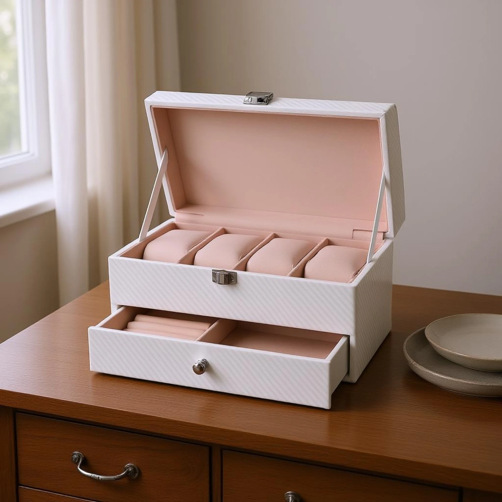 Double-Layer Watch Box Pull-out Drawer Watch and Jewelry Box Double Layer Organizer Padded Slots Carbon-Fiber Look
